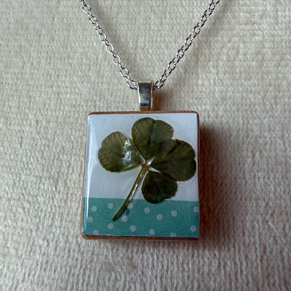Hand-Crafted Real 4 Four Leaf Clover Scrabble Tile Pendant w/ Silver Chain